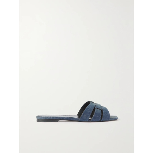 Saint Laurent 'Tribute' Blue Denim & Leather Square Toe Slides Size 6 - Picture 1 of 5